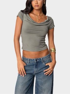 Edikted cowl neck/drape crop top tee shirt - color olive, size medium